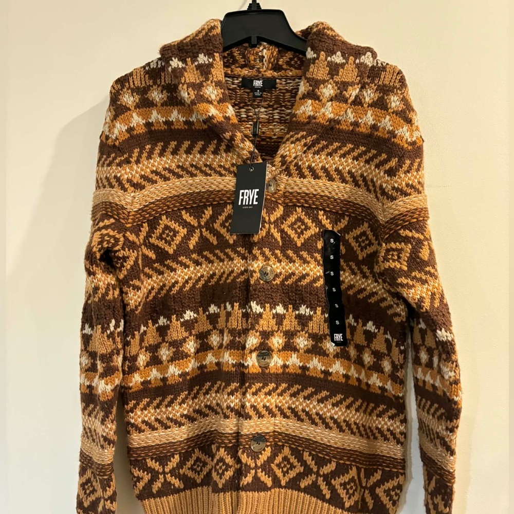 FRYE Men's Tan and Brown Cardigan Sweater